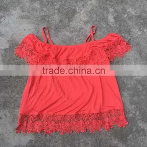 Stocklots Ladies Lace Plain Red Boat Neck T-shirts thumbnail-1