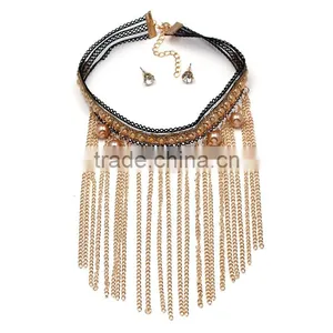 Fashion New Design Black Lace With Champagne Color Pearls Pendant Chain Tassel Choker Necklaces thumbnail-2