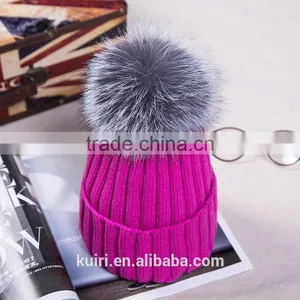 Hot Winter Colorful Snow Caps Wool Knitted Beanie Hat With Real Sliver Fox Fur Pom Poms For Women Men Hip Hop Skullies Cap thumbnail-6