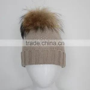 Myfur Winter Woolen Knitting Beanie Hat With Removable Raccoon Fur Bobble Top thumbnail-3