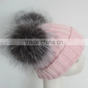 Myfur Baby Pink Wool Ribbed Knit Hat With Removable Silver Fox Fur Pom Poms thumbnail-4