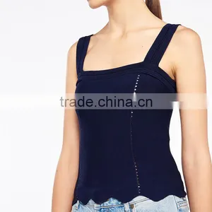 Stitched Knit Geometric Motifs Wavy Hem Wide Straps Design Tank Tops thumbnail-4
