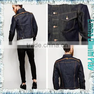 Men's Copper Button Plus Size Long Sleeve Tight Fitted Indigo Denim Jacket thumbnail-1