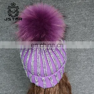 Hot Sale Winter Hat With Ball Cashmere Raccoon Fur Pompom Knit Beanie Beanies thumbnail-3