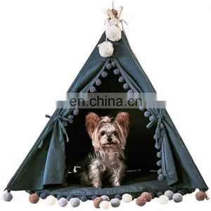 Pet Teepee House Indian Tents Wood Canvas Teepee Fold Away Pet Tent Furniture Cat Bed thumbnail-1