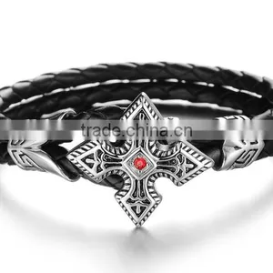 Genuine Cow Leather Weave Bracelets Titanium Steel Big Brand Vintga Antic Cross Man Bracelet thumbnail-2