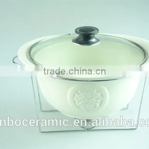 Ivory Oval Ceramic/porcelain Soup Tureen Pot Embossed With Glass Lid Metal Stand & Color Gift Box for Promotion thumbnail-4