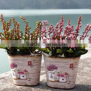 2 Set Metal Flower Garden Plant Pots Set With a Wooden Handle thumbnail-1