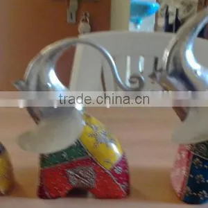 IRON/WOODEN PAINTED SITTING ELEPHANT UP TRUNCK SET OF 3 thumbnail-1