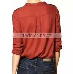 Banded Collar Blouse Shirts Two Pockets Casual Fashion Shirts for Ladies thumbnail-1
