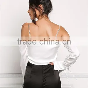 MGOO Manufacturer Custom Soft Satin Blouses Young Girl Sexy Crop Tops Off White Cold Shoulder Shirts thumbnail-6