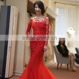 MGOO Top Selling Handmade China TraditionalWedding Dress Pearl Evening Dress Red Long Sleeve Prom Dress 2065 thumbnail-4