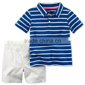 100% Ctn, Children Boys Set, Yarn Dyed Stripe With Self Fabrics Collar and Solid Woven Pant thumbnail-1