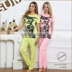 2015 Wholesale Custom S/s Cotton Cat Printed Design Long Pants Fancy Lady Pyjamas thumbnail-1