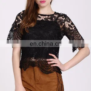 2016 Black Lace Ladies Fashion Tops And Blouses For Women thumbnail-2