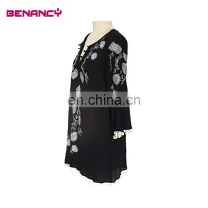 Long Flare Sleeve Contrast Embroidery Ladies Tunic Blouse With Ponpon thumbnail-4