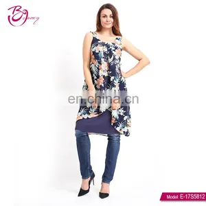 Sleeveless Flower Print Ladies Modern New Pleated Dress thumbnail-4