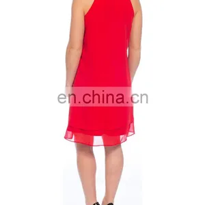 Solid Red Long Layer Women Tunics With Beaded Halter Dress thumbnail-2
