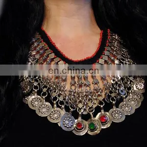 Vintage Afghani Necklace - Kuchi Tribal Necklace -Turkmen Beaded Jewelry - Antique Ethnic Necklace -Afghan Belly Dance Coin Set thumbnail-1