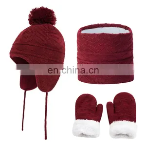 Winter Hats Scarf and Gloves Sets for Kids Toddler Baby Girls Boy Warm Knit Earflap Beanie Fleece Cap thumbnail-2