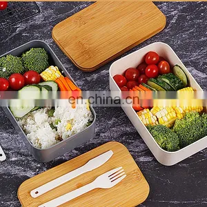 Hot Sell Food Containers Biodegradable School Bento Baby Lunch Food Container Plastic Box Tin Square Wooden Lid Set for Kids thumbnail-3
