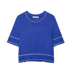 Summer New Versatile Women's Clothing With Contrasting Color Stitching and Round Neck Short Sleeved Knitted Top thumbnail-1