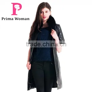 Winter Women Medium Length Slim Fit Leather Coat With Detachable Blue Fox Hat Overcoat thumbnail-4