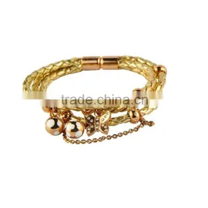 Charm Stainless Steel Leather Bangle Gold Plating 316L Leather Bracelet With Ball and Butterfly Pendant thumbnail-1