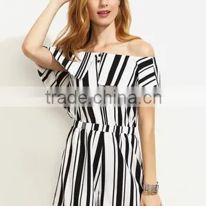 Bodysuits Latest Fashion Design Women Clothing Black and White Striped Off The Shoulder Jumpsuit thumbnail-1