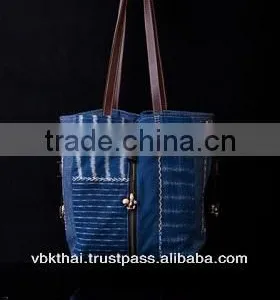 LEATHER STRAP HAND BAG WITH INDIGO DYED COTTON thumbnail-1