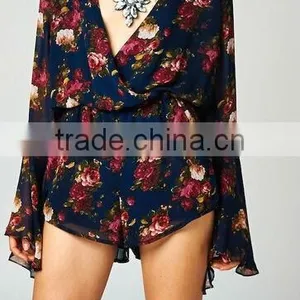 Cheap 2015 Sexy Ladies Long Bell Sleeve Deep V Neck Print Floral Plus Size Loose Short Chiffon Playsuit Romper Jumpsuit thumbnail-6