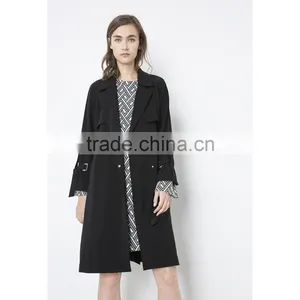 2018 Fashion Women Classical Black Plain Collar Belted Long Trench Coat thumbnail-2