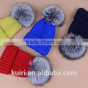 Hot Selling Beanie Hat With Snap and Big Size Silver Fox Fur Ball on Top thumbnail-5