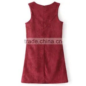 A-Line Dark Red Lace up Round Collar Sleeveless Mini Corduroy Dress thumbnail-2