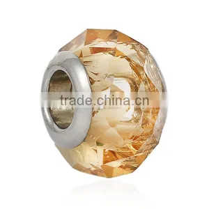 Lampwork Glass European Style Large Hole Beads Round Faceted Champagne Transparent With 304 Stainless Steel Silver Tone Core thumbnail-1