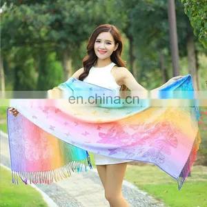 100% Cotton Butterfly Jacquard Rainbow Pashmina Shawl Scarf thumbnail-1