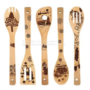 Christmas Gift Kitchen Cooking Bamboo Utensil Set Engraved/bambu Spatula Set Burn thumbnail-2