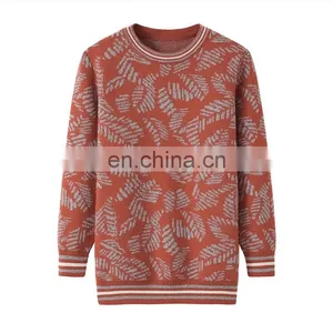 Custom Vintage 100% Cashmere Women's Crew Neck Pullover Knitted Intarsia Leaves Pattern Sweater for Winter OEM Service thumbnail-1
