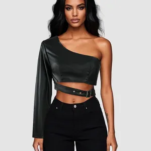 European and American New Style Black Collarless Single Shoulder PU Leather Jacket thumbnail-1
