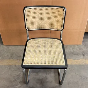 Breuer Style Rattan Dining Chair, Modern Cane Back Side Chair With Chrome Cantilever Frame for Home & Commercial Use thumbnail-5