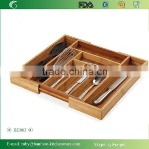 BH003/Expandable Bamboo Cutlery Drawer Organizer With Knife Block Compact Storage Tray thumbnail-1