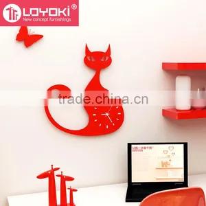 Wall Hanging Home Decorative Wall Mounted Clock New Diy Design Lovely Cat Shape Wooden Wall Clock thumbnail-1