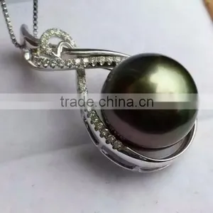 18k Diamond 11-12mm Black Tahitian Pearls Wholesale Pendant Necklace thumbnail-1