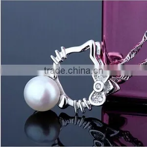925 Sterling Silver Chain Cat Style Charm Natural Pearl Pendent Necklace thumbnail-5