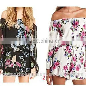 Women Sexy Illusion Ruffle Romper Long Sleeve Short Floral Off The Shoulder Playsuit thumbnail-1
