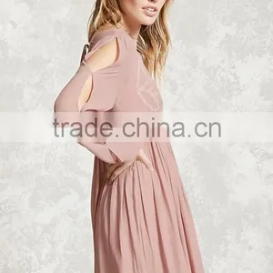 Woman Long Vented Sleeve Scoop Neck Self-Tie Back Stripe Chiffon Emroidered On the Front Dress thumbnail-3