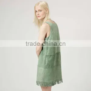 Mint Green Sleeveless Fringed Braided Suede Shift Dress thumbnail-2