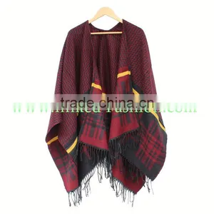 Women Winter Grid Check Tartan Poncho Cape Coat Reversible Scarf Shawl thumbnail-3