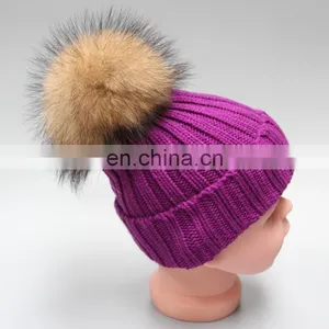Fashion Striped Pattern Fur Pompom Hat Knitted Kids Bobble Hats for Winter Warm thumbnail-1