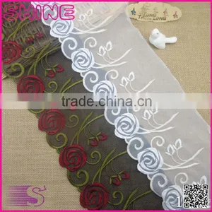 China Manufacture 2016 New Wide 6.3" Net Cloth Non-strech Big Rose Flower Embroideried Nylon Warp Knitted Embroidery Lace Fabric thumbnail-1